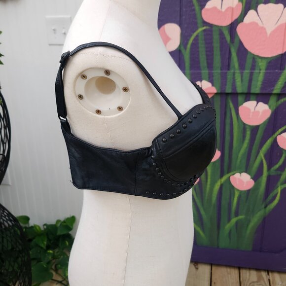 Vintage 1990's y2k black leather studded bralette crop top by First - Picture 3 of 15